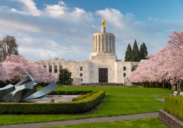 Cherry blossoms and the State Capitol at the Capitol Mall in Salem.